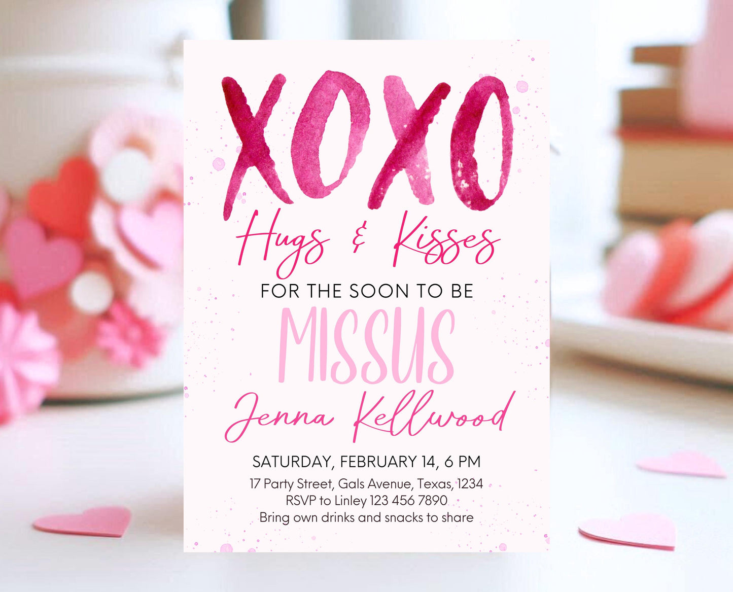 Editable Valentine Bridal Shower Invitation, Showered With Love Bridal Wedding Shower Invitation, Hearts Pink Red, Instant Download, VDC06