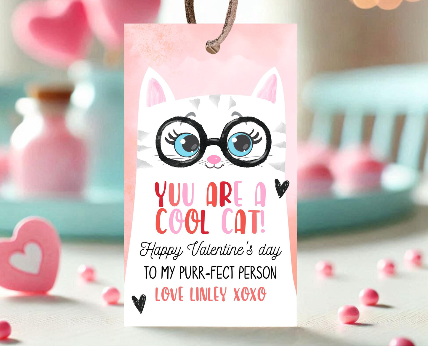 Editable Valentine's Day Gift Tag, Cool Cat Valentine's Gift Tag, Happy Valentines Day Tag, Printable, Template, Instant Download, Gift Tag
