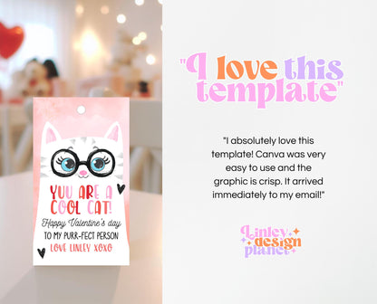 Editable Valentine's Day Gift Tag, Cool Cat Valentine's Gift Tag, Happy Valentines Day Tag, Printable, Template, Instant Download, Gift Tag