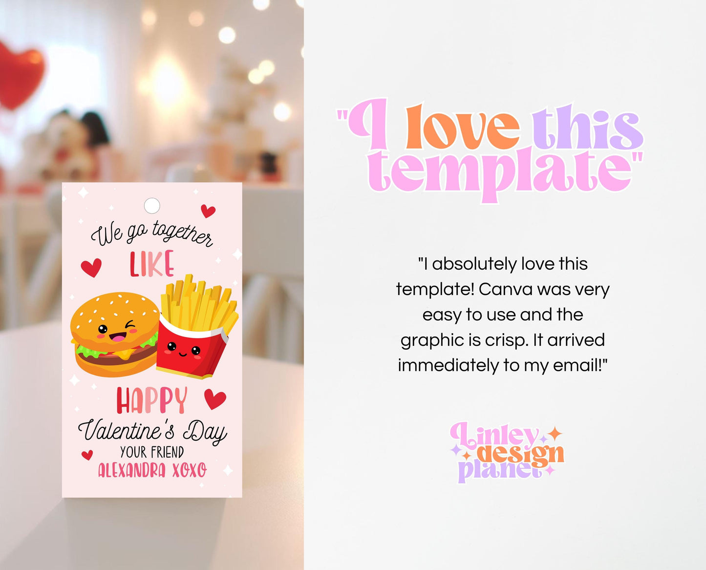 Editable Valentine Gift Tag, Burger And Fries Valentine Gift Tags, School Valentine Cards, Printable, Burger And Fries Tag, Instant Download