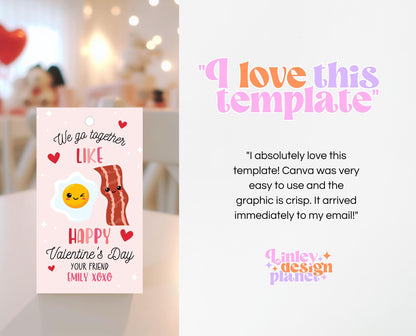 Editable Valentine Gift Tag, Bacon And Eggs Valentine Gift Tags, School Valentine Cards, Printable, Bacon And Eggs Tag, Instant Download