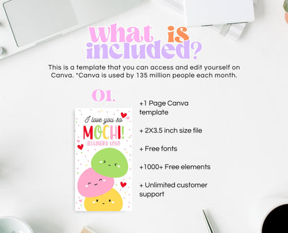 Editable Happy Valentine's Day Gift Tag, Pink Red Heart Mochi Tag, I Love You So Mochi Valentine Tag, School Valentine Tag, Instant Download