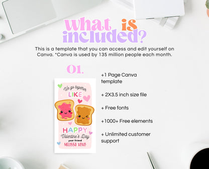Editable Valentine Gift Tag, Valentine Peanut Butter Jelly Sandwich Gift Tags, School Valentine Cards, Printable Gift Tag, Instant Download
