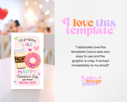 Editable Valentine Gift Tag, Donut Valentine Gift Tags, School Teacher Valentine Cards, Printable, Coffee and Donut Tag, Instant Download