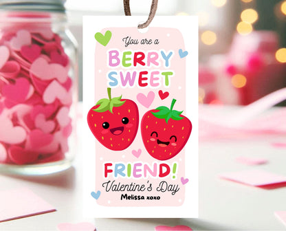 Editable Strawberry Valentines Gift Tag, Valentine You Are A Berry Sweet, Friend Tag Valentines, Fruit, Classroom Gift Tag, Instant Download