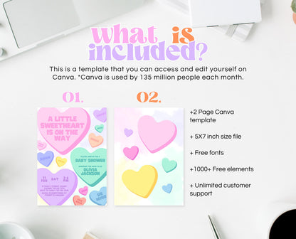 Editable Sweetheart Candy Baby Shower Invitation, Hearts Candy Theme Baby Shower, A Little Sweetheart Invite, Valentines Baby Shower, VDC01