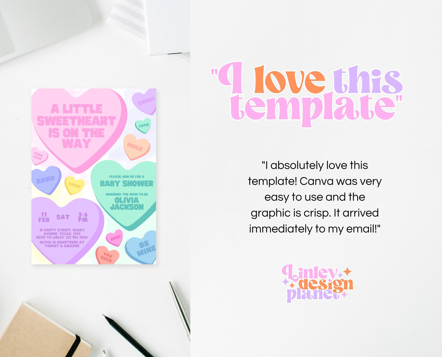 Editable Sweetheart Candy Baby Shower Invitation, Hearts Candy Theme Baby Shower, A Little Sweetheart Invite, Valentines Baby Shower, VDC01