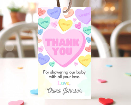 Editable Sweetheart Candy Favor Tag, Hearts Candy Theme Baby Shower, Little Sweetheart Thank You Tag, Valentines Baby Shower Gift Tag, VDC01