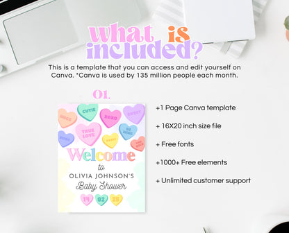 Editable Sweetheart Candy Baby Shower Welcome Sign, Hearts Candy Theme Baby Shower, Little Sweetheart, Valentines Baby Shower Sign, VDC01
