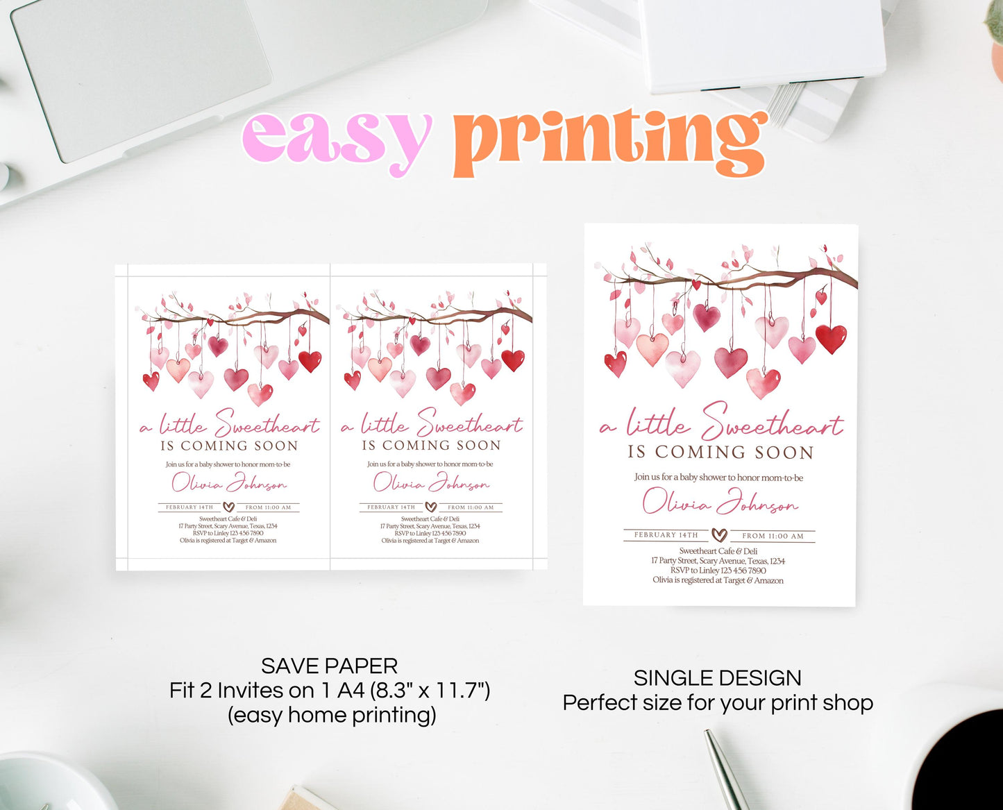 Editable Valentine Baby Shower Invitation, A Little Sweetheart Baby Shower Invite, Pink Red Hearts Baby Shower Invite, Download, VDC02