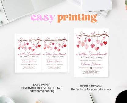 Editable Valentine Baby Shower Invitation, A Little Sweetheart Baby Shower Invite, Pink Red Hearts Baby Shower Invite, Download, VDC02