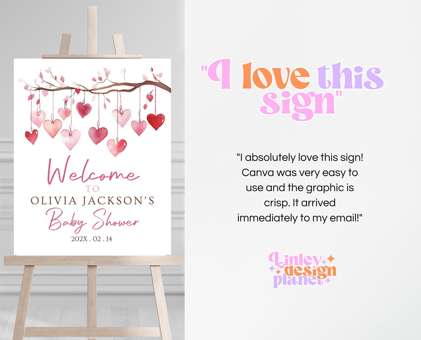 Editable Valentine Baby Shower Welcome Sign, A Little Sweetheart Baby Shower Sign, Pink Red Hearts Baby Shower Welcome Sign, Download, VDC02