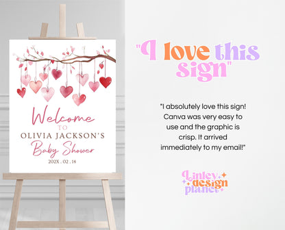 Editable Valentine Baby Shower Welcome Sign, A Little Sweetheart Baby Shower Sign, Pink Red Hearts Baby Shower Welcome Sign, Download, VDC02