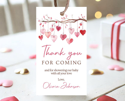 Editable Valentine Baby Shower Favor Tag, A Little Sweetheart Baby Shower Tag, Pink Red Hearts Baby Shower Tag, Instant Download, VDC02