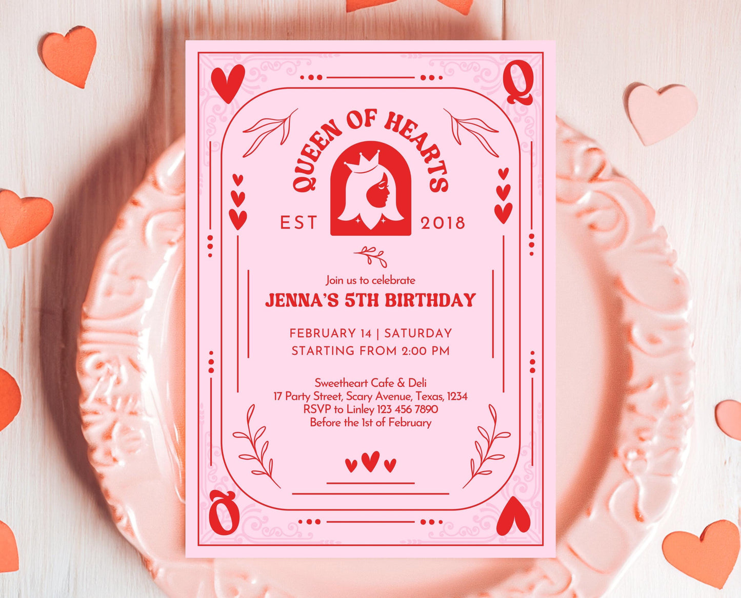 Editable Queen Of Hearts Birthday Invitation, Valentine's Birthday Invite, Pink Red Birthday Invite, Download, Queen Card Invite, VDC03