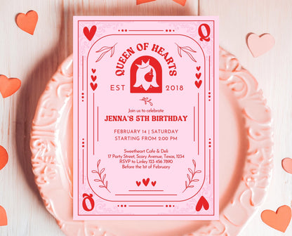 Editable Queen Of Hearts Birthday Invitation, Valentine's Birthday Invite, Pink Red Birthday Invite, Download, Queen Card Invite, VDC03