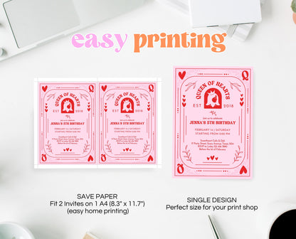 Editable Queen Of Hearts Birthday Invitation, Valentine's Birthday Invite, Pink Red Birthday Invite, Download, Queen Card Invite, VDC03