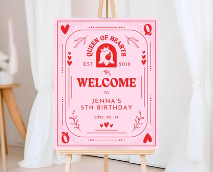Editable Queen Of Hearts Birthday Welcome Sign, Valentine's Birthday Sign, Pink Red Birthday Welcome Poster, Download, Queen Card, VDC03