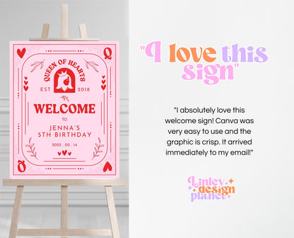 Editable Queen Of Hearts Birthday Welcome Sign, Valentine's Birthday Sign, Pink Red Birthday Welcome Poster, Download, Queen Card, VDC03