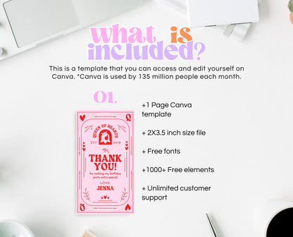 Editable Queen Of Hearts Birthday Favor Tag, Valentine's Birthday Tag, Pink Red Birthday Tag, Queen Poker Card, Valentine Gift Tag, VDC03