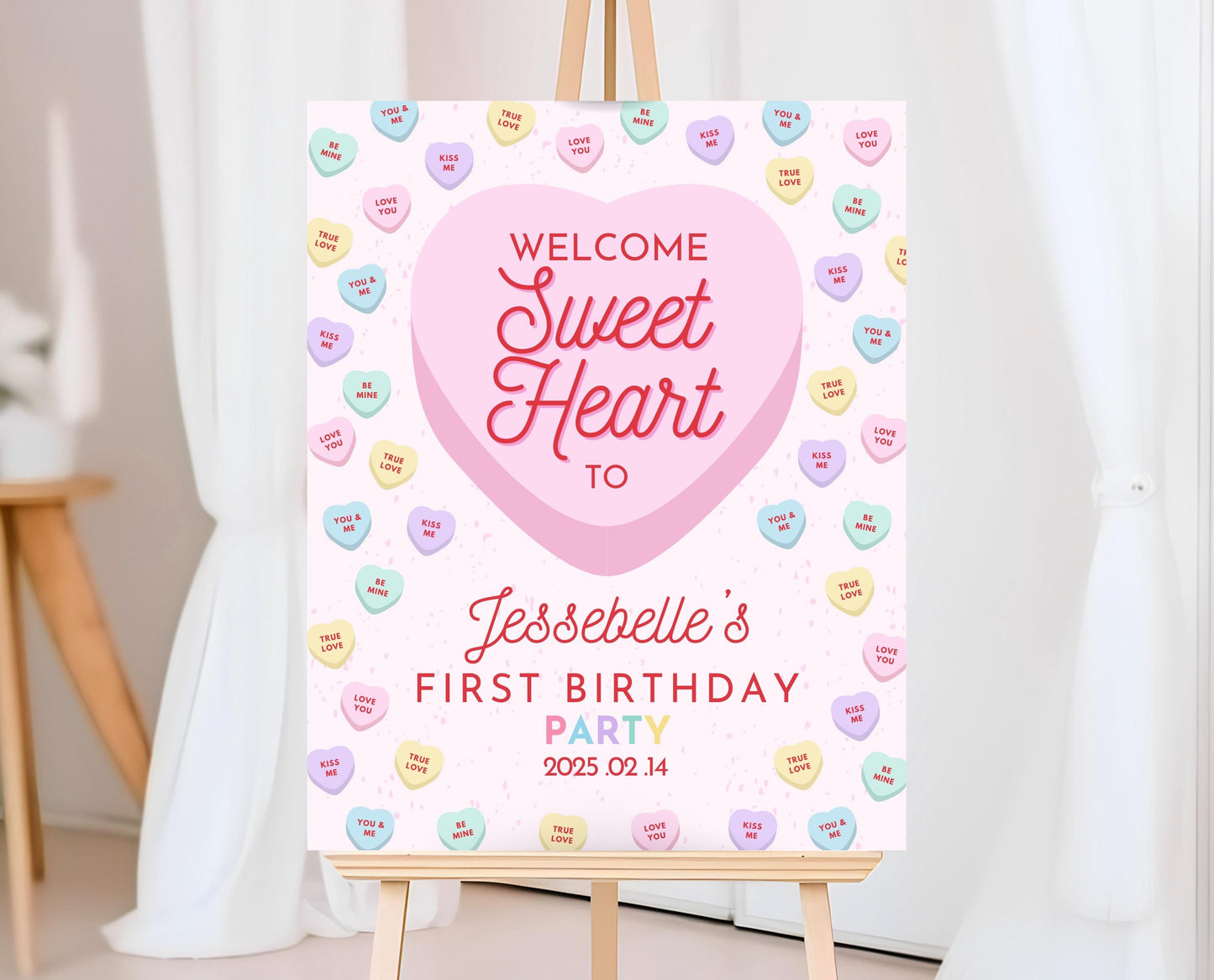 Editable Sweetheart Candy Birthday Welcome Sign, Conversation Hearts Theme Birthday, Sweetheart Party Sign, Pink Valentines Birthday, VDC04