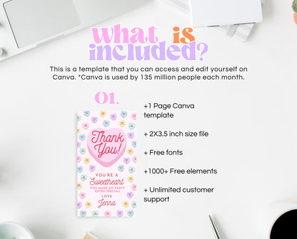 Editable Sweetheart Candy Birthday Favor Tag, Conversation Hearts Theme Birthday, Sweetheart Party Thank You Tag, Valentines Birthday, VDC04