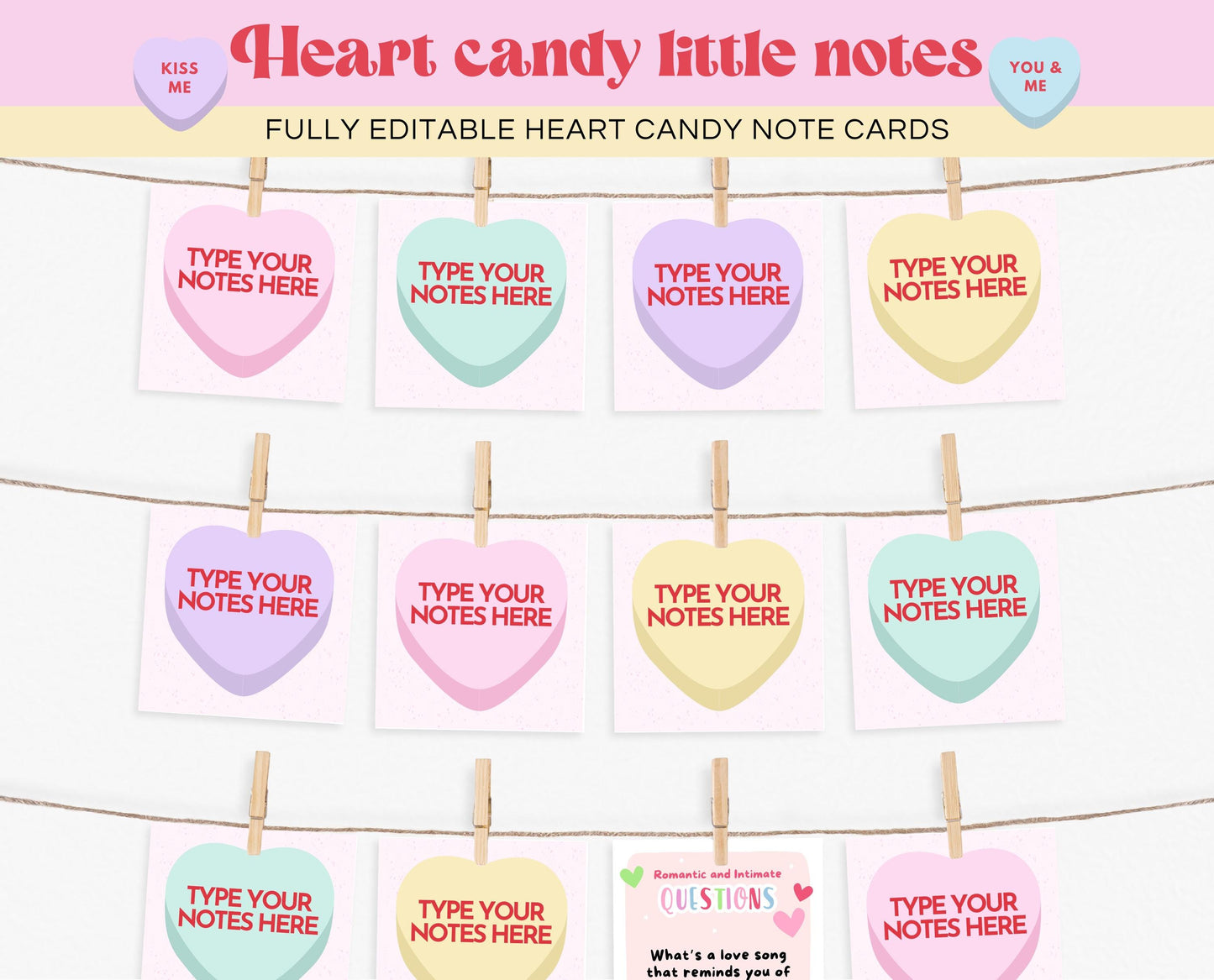 Editable Sweetheart Candy Note Cards, Conversation Hearts Theme Notes, Sweetheart Notes, Valentine Notes, Instant Download, Printable, VDC04