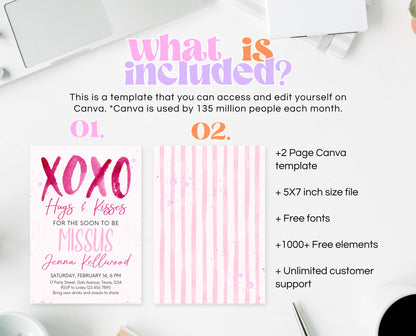 Editable Valentine Bridal Shower Invitation, Showered With Love Bridal Wedding Shower Invitation, Hearts Pink Red, Instant Download, VDC06