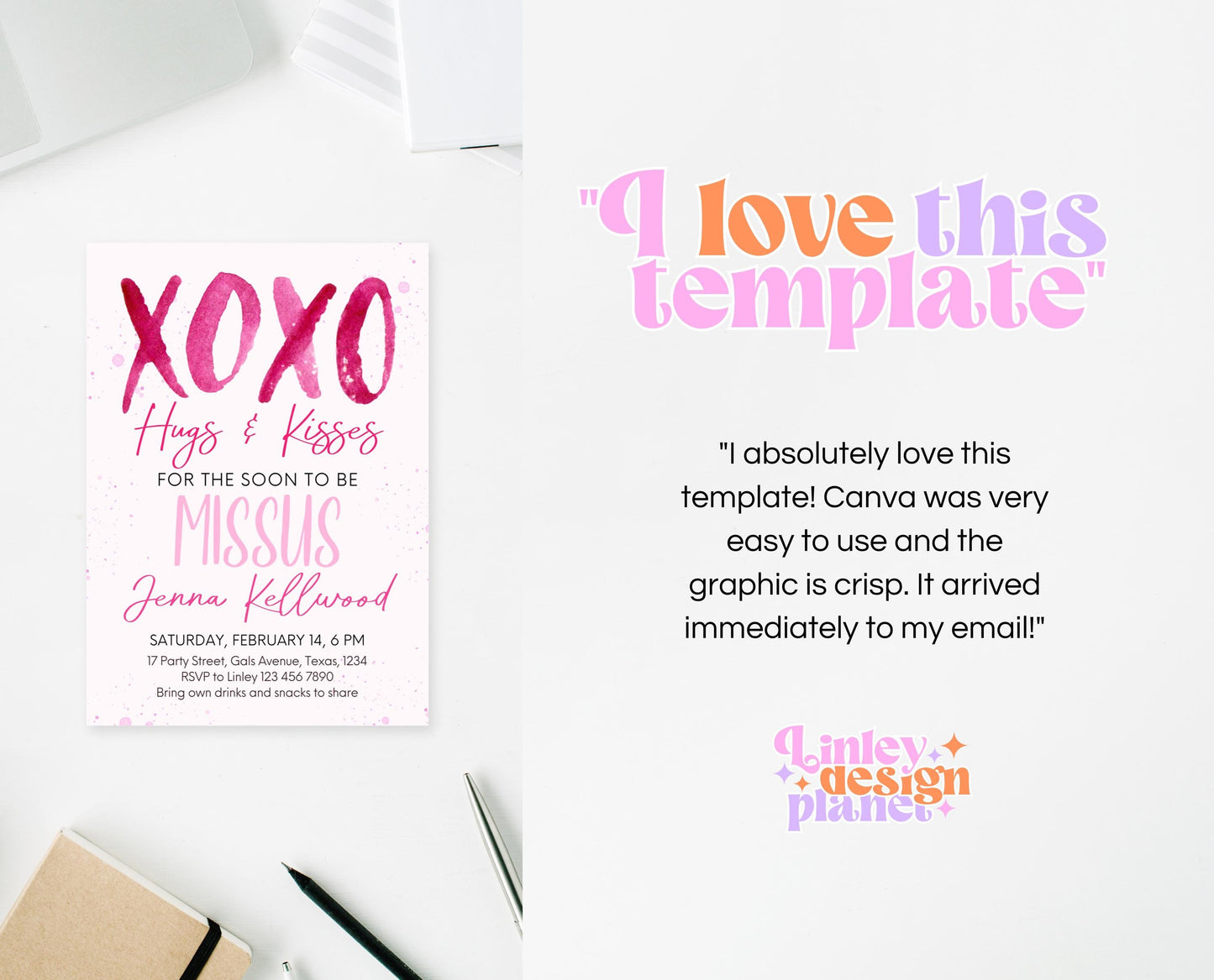 Editable Valentine Bridal Shower Invitation, Showered With Love Bridal Wedding Shower Invitation, Hearts Pink Red, Instant Download, VDC06